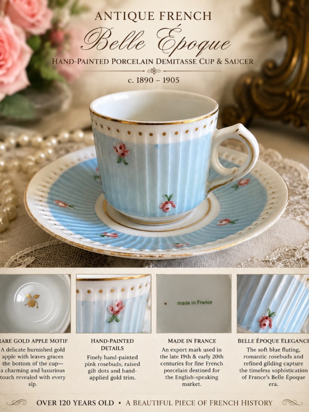 Vintage French Porcelain Demitasse Cup&Saucer Blue Fluted Pink Rosebud Gold Trim